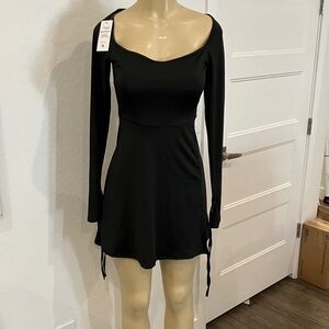 Women's Black Long-Sleeve Mini Dress with Sleeve Ties